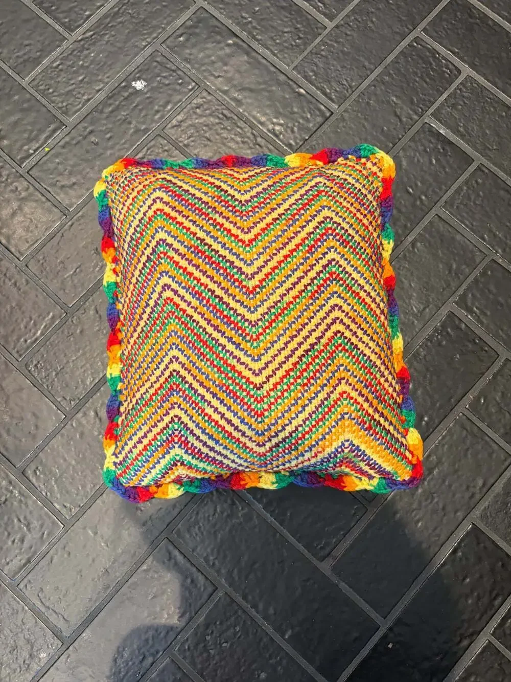 Vintage Handmade Rainbow Crochet Chevron Throw Pillow Boho Granny Cottagecore